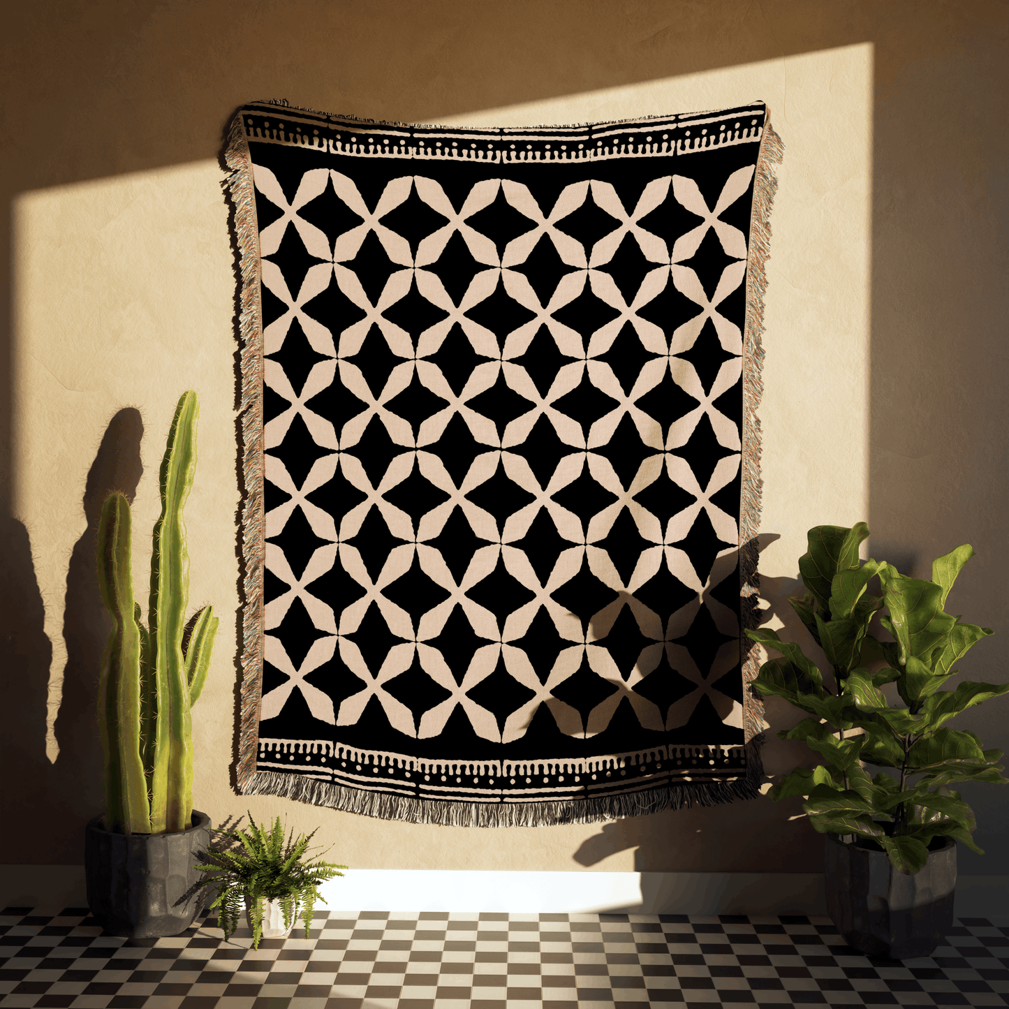 Abstract Star Motif Woven Cotton Blanket in Black and Beige