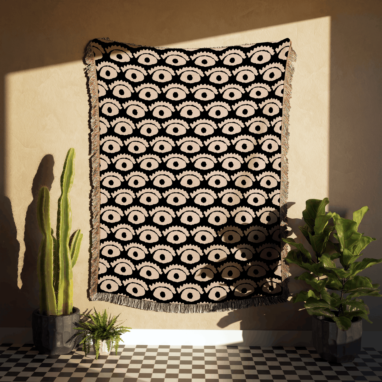 All-Seeing Eye Woven Cotton Blanket in Black and Beige
