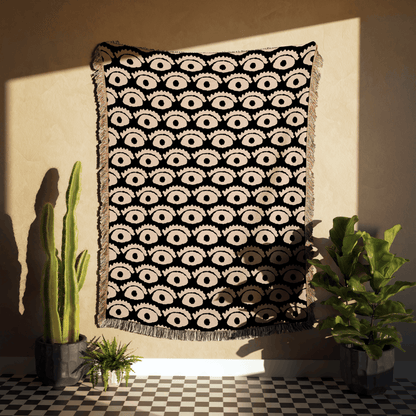 All-Seeing Eye Woven Cotton Blanket in Black and Beige