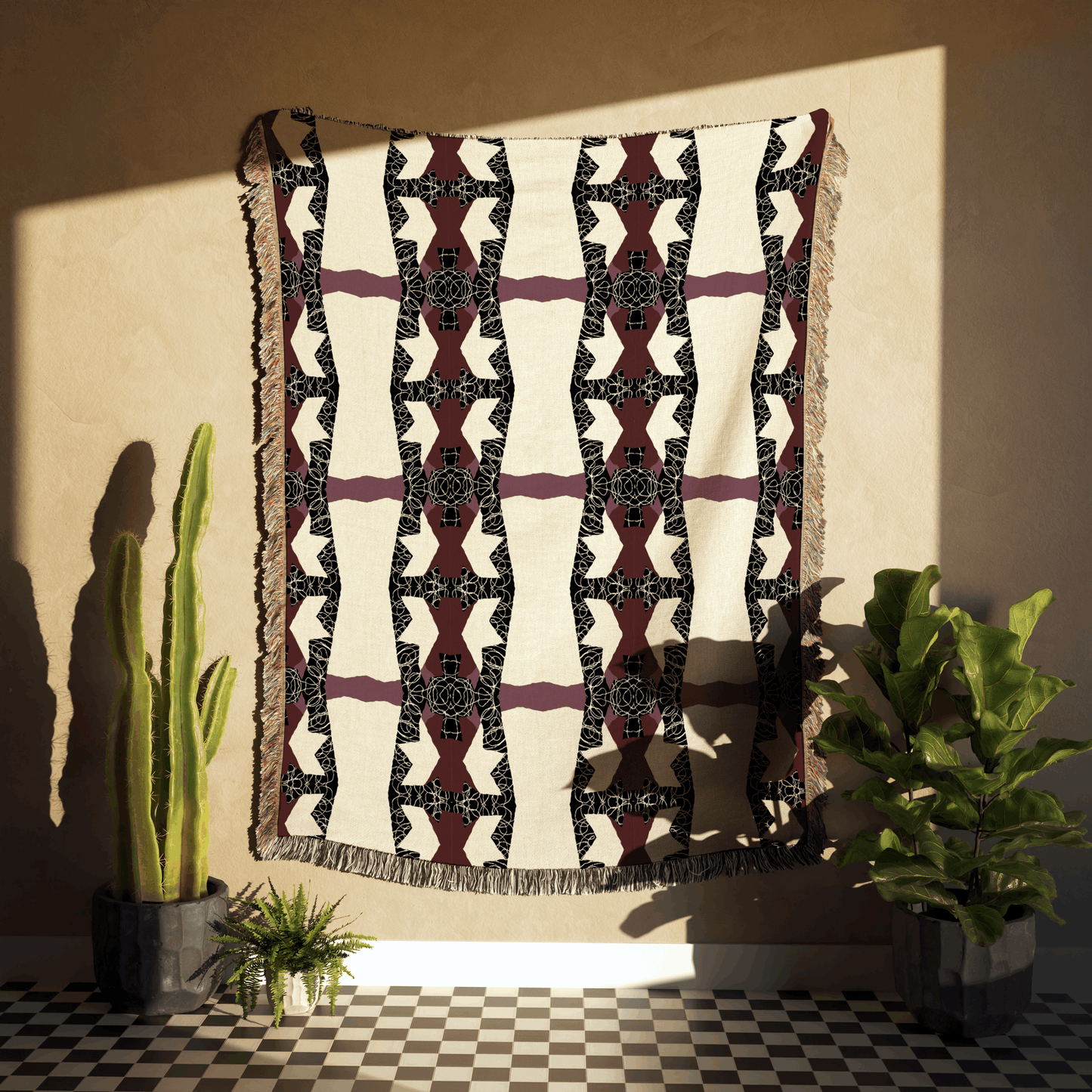 Crimson Nexus Geometric Tapestry in Black, Beige, and Mauve