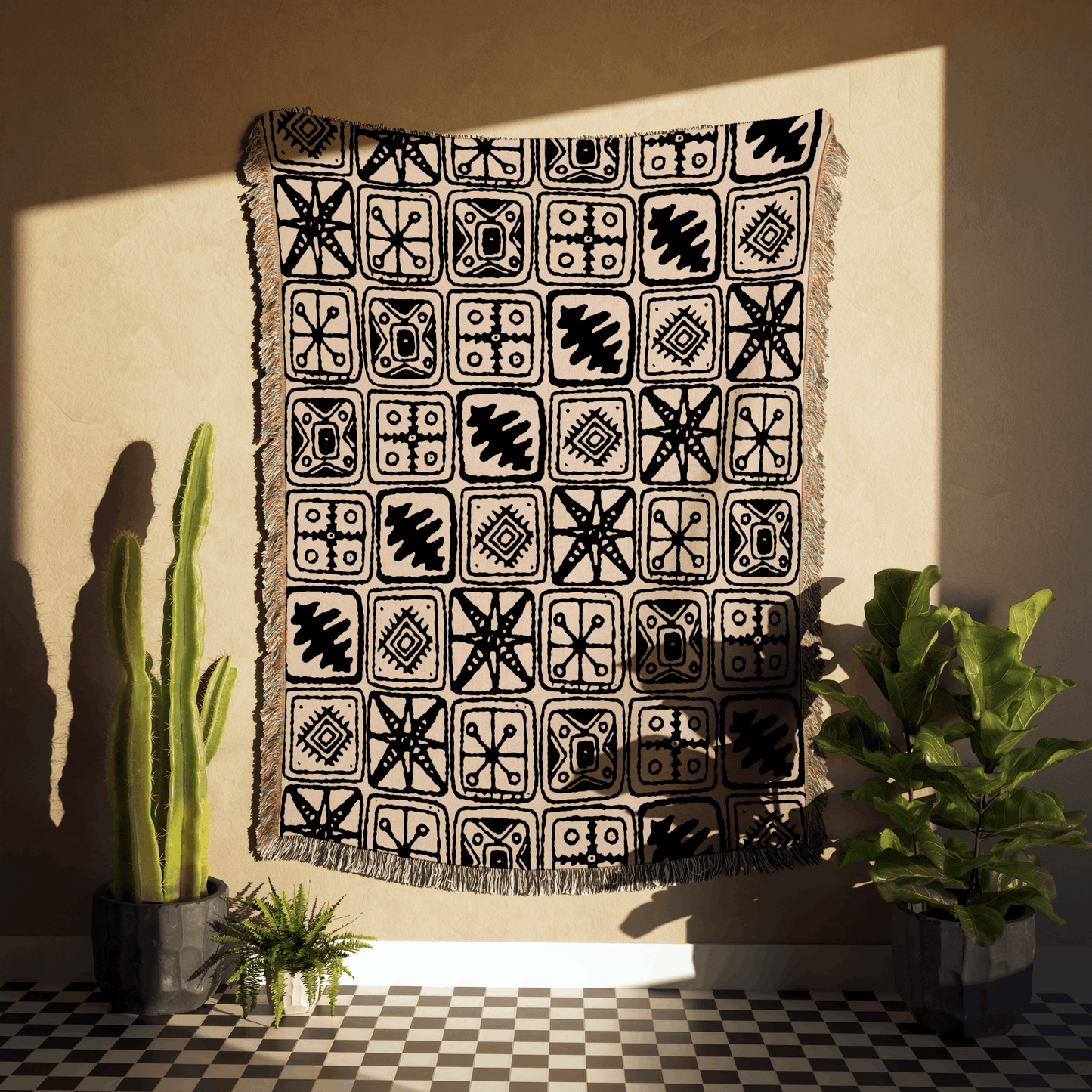 Tribal Motif Patchwork Woven Cotton Blanket in Beige and Black