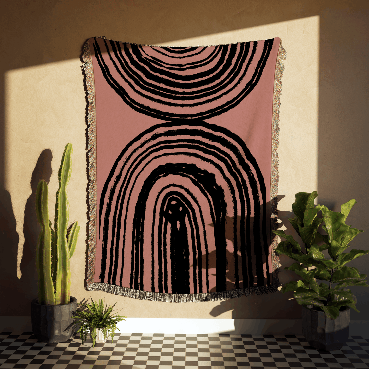 Organic Ring Pattern Woven Cotton Blanket in Dusty Rose and Black