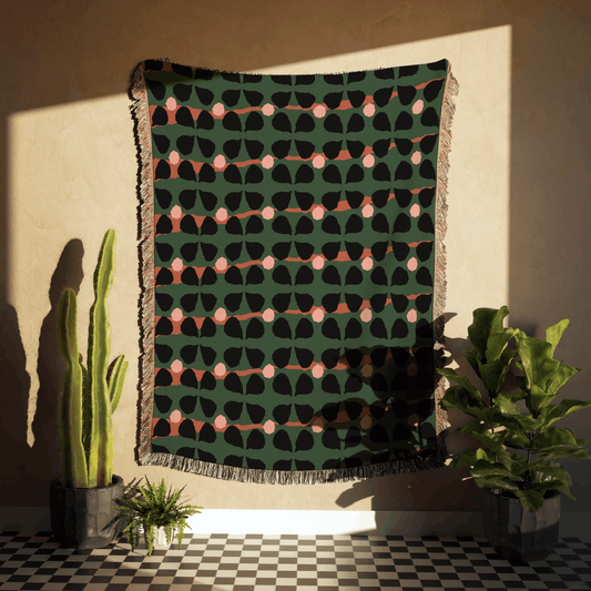 Mid-Century Modern Clover Woven Cotton Blanket in Green, Pink, and Black