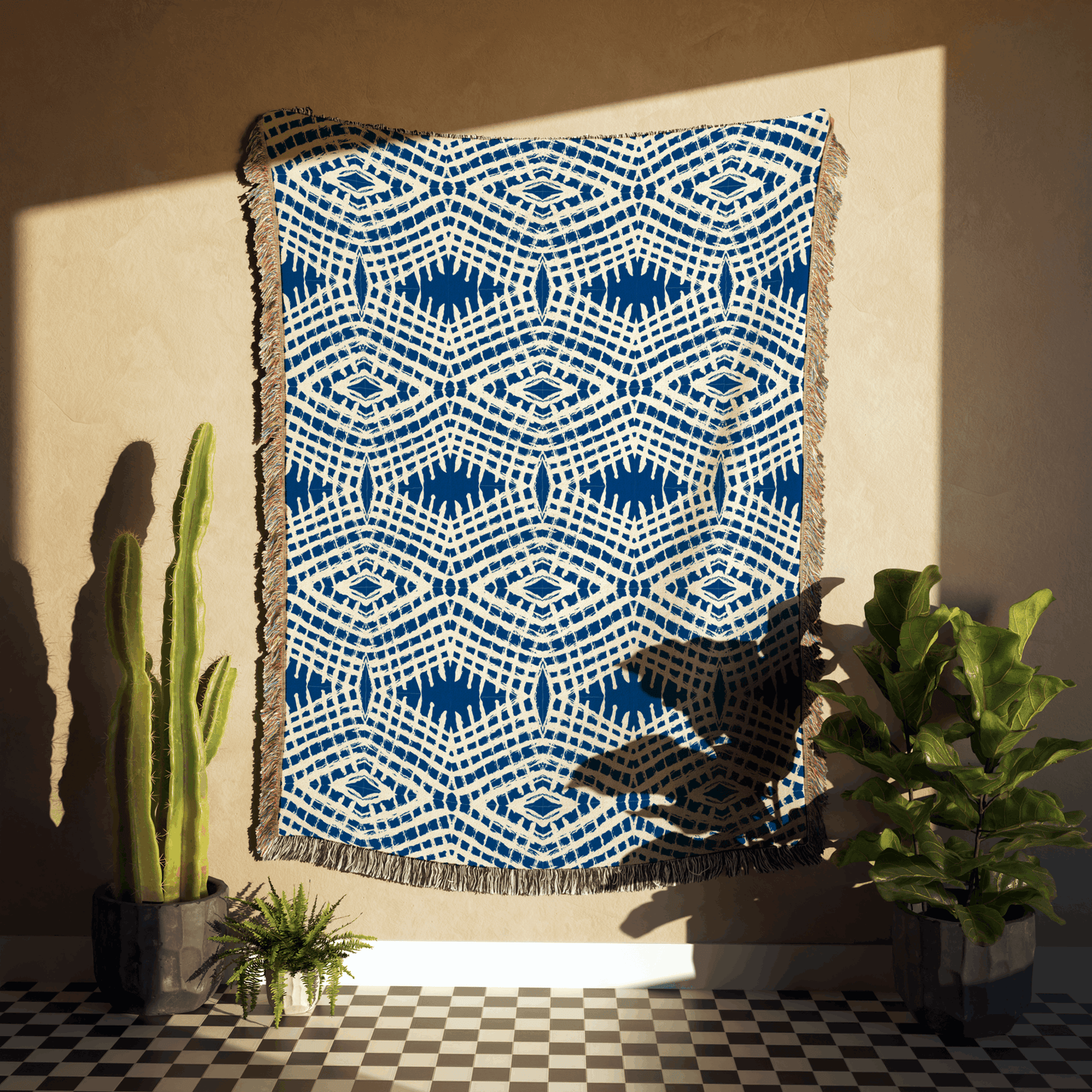 Blue Diamond Lattice Woven Cotton Blanket