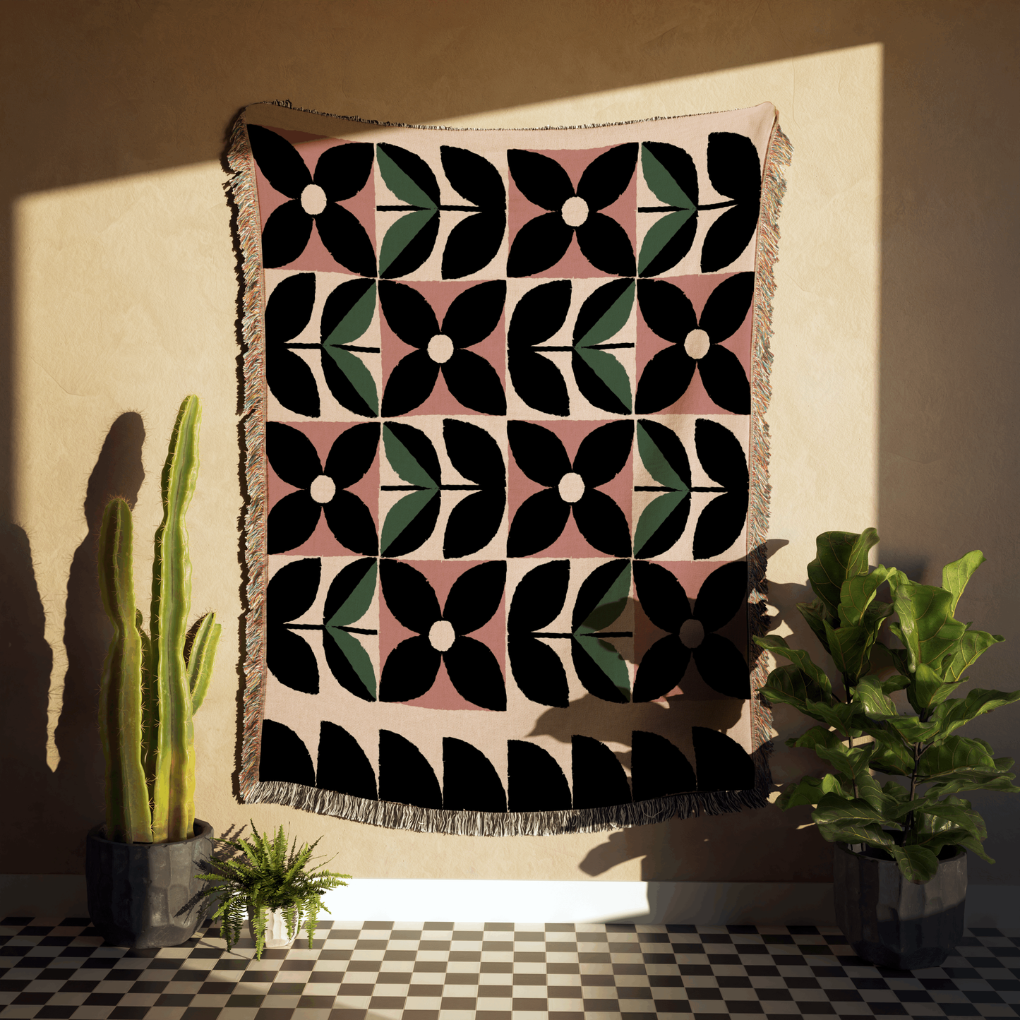 Mid-Century Modern Geometric Floral Cotton Throw Blanket