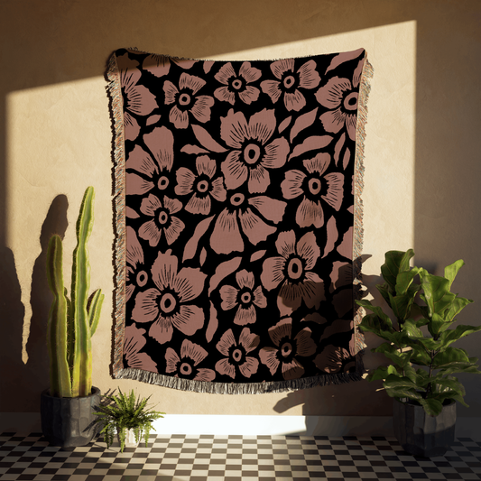 Blush Noir Floral Woven Throw Blanket