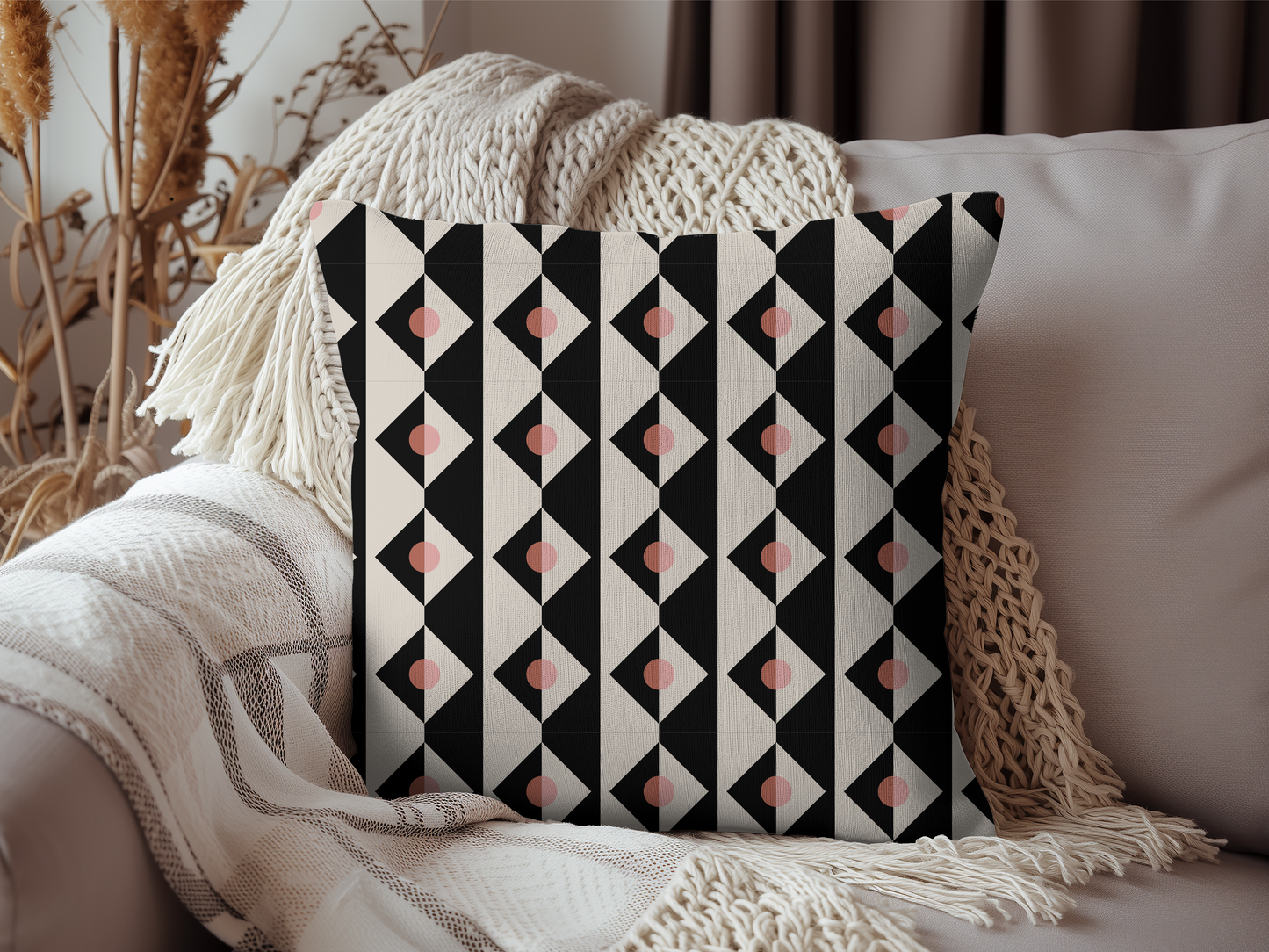 Modern Geometric Checker Woven Pillow in Black, White, and Pink