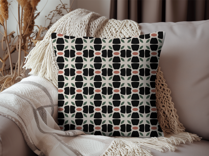 1960s Retro Floral Woven Pillow in Black, Green & Rust