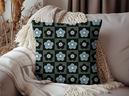 Retro 60s Floral Checker Woven Accent Pillow in Black, Blue, and Green
