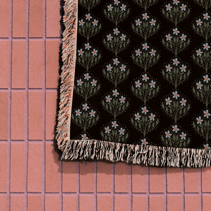 Black Green and Blue Scandi Floral Woven Cotton Throw Blankets - Taylor Bassam