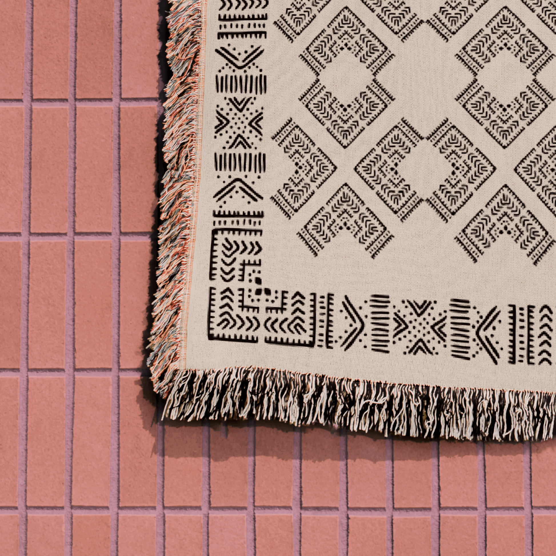 Intricate Boho Motif Black and Beige Woven Cotton Throw Blankets - Taylor Bassam