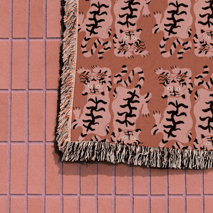 Pink Groovy Tiger Pattern Woven Cotton Throw Blankets - Taylor Bassam