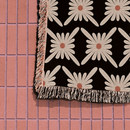 Modern Black and White Daisy Woven Cotton Throw Blankets - Taylor Bassam