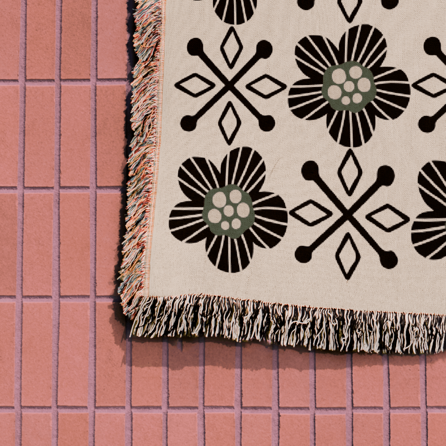 Scandinavian-Inspired Floral Woven Cotton Throw Blanket in Black, Beige & Green