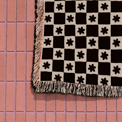 Retro Black and White Floral Check Cotton Throw Blanket from the 1960s