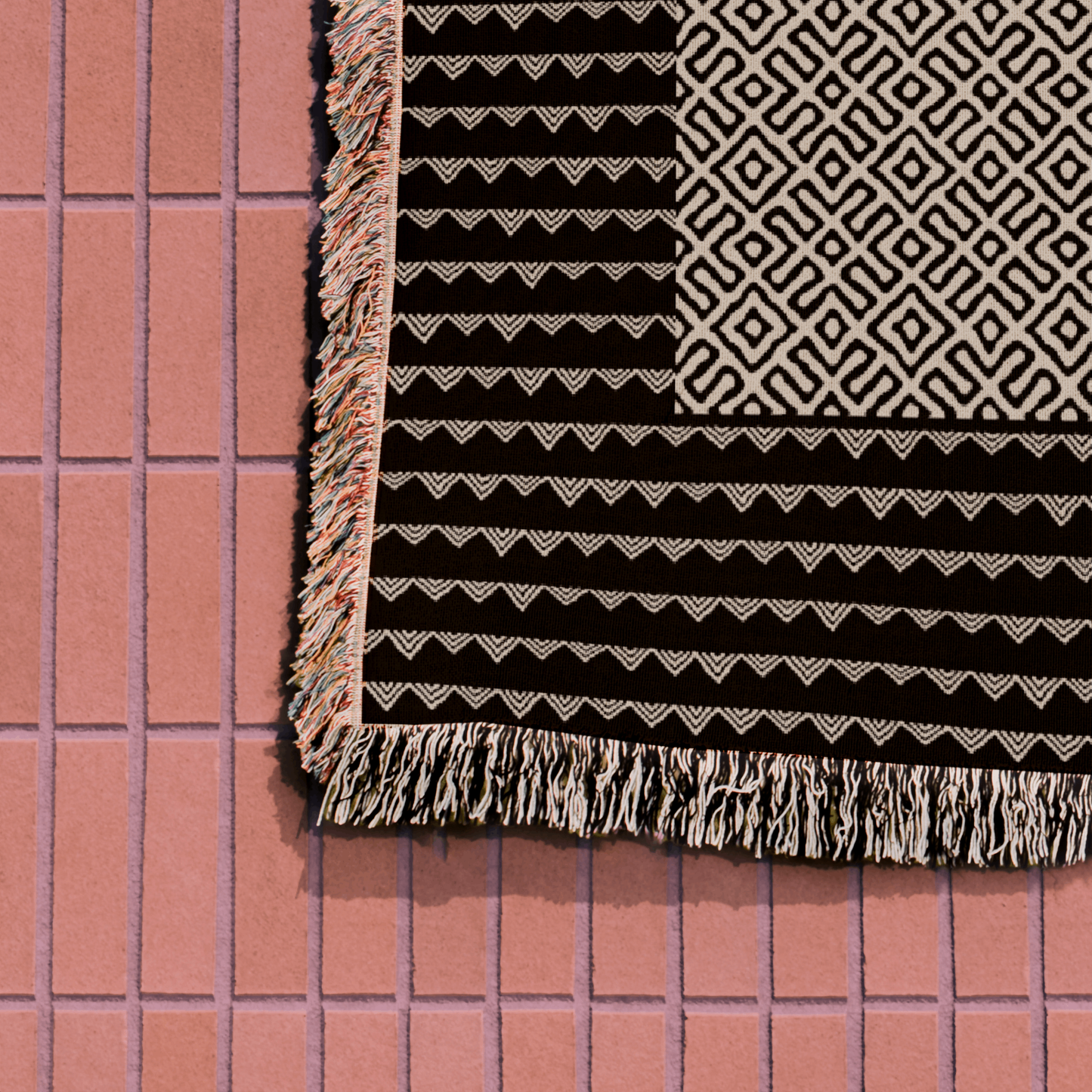 Modern Beige and Black Boho Lines Woven Blanket