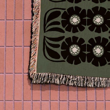 Olive Green and Black Boho Floral Woven Cotton Blanket