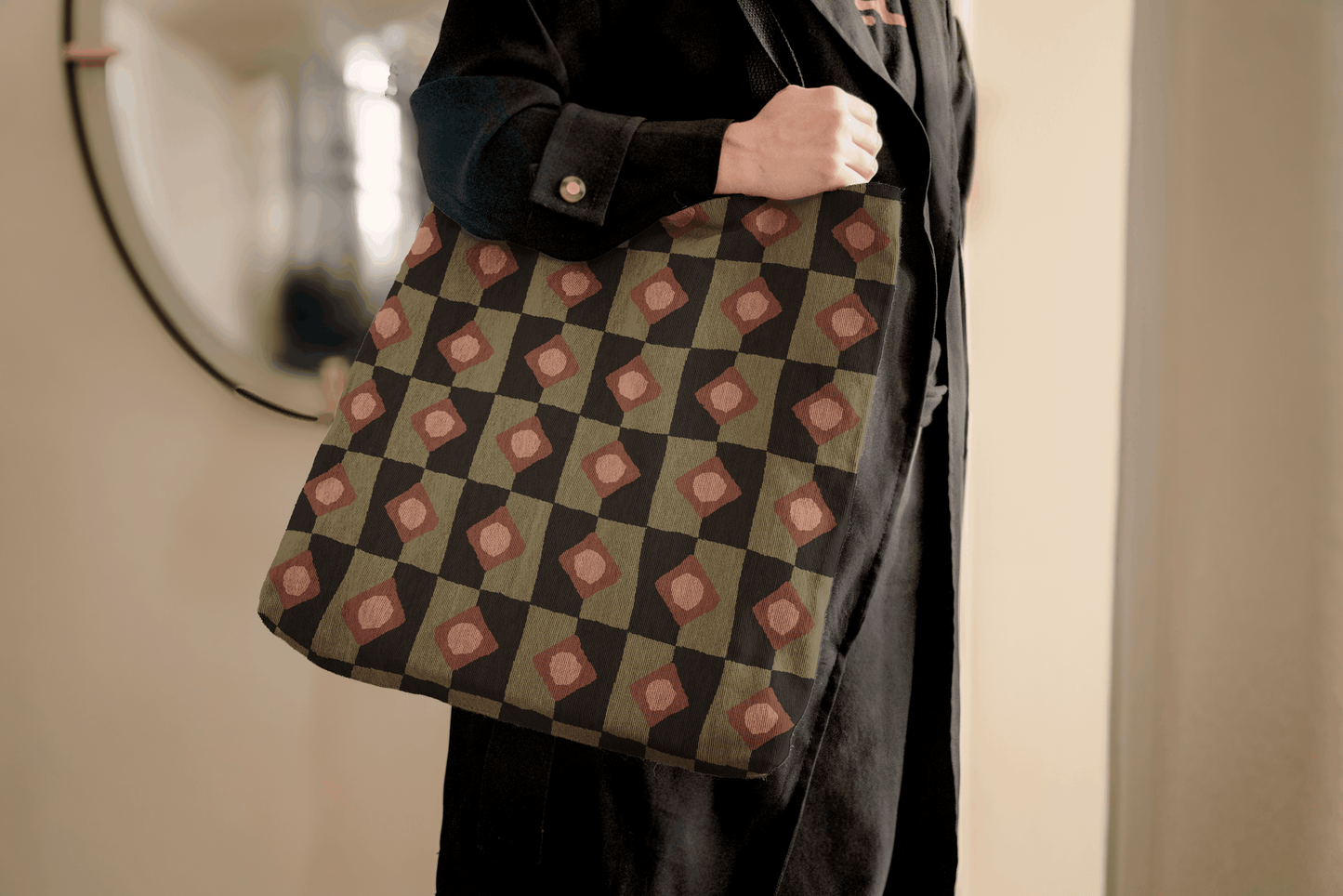 Olive Green Diamond Pattern Geometric Tote Bag