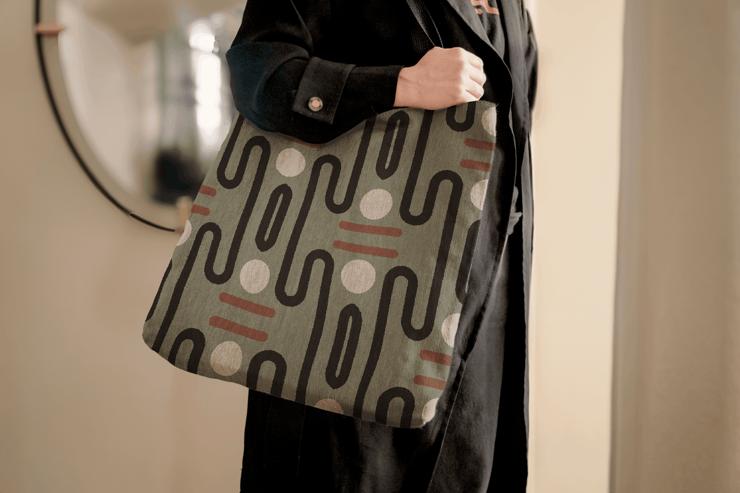 Modern Abstract Green Tote Bag with Geometric Line Design