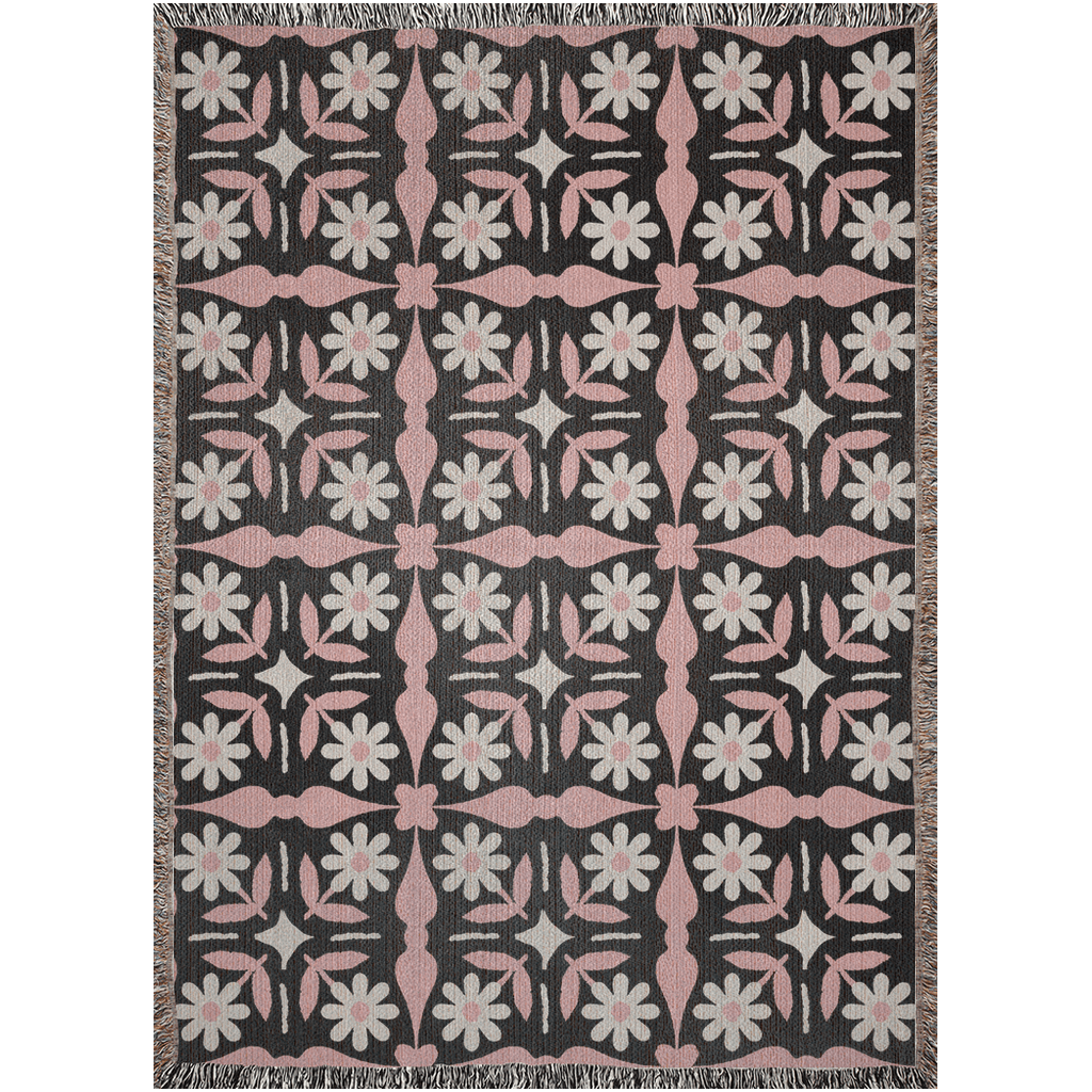 Black and Pink Boho Floral Tile Pattern Woven Cotton Throw Blankets - Taylor Bassam