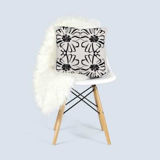 Black and White Sketch Floral Woven Pillow