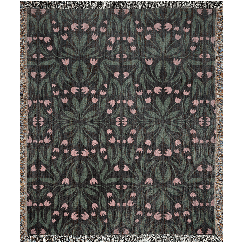 Green Pink and Black Floral Pattern Woven Blanket