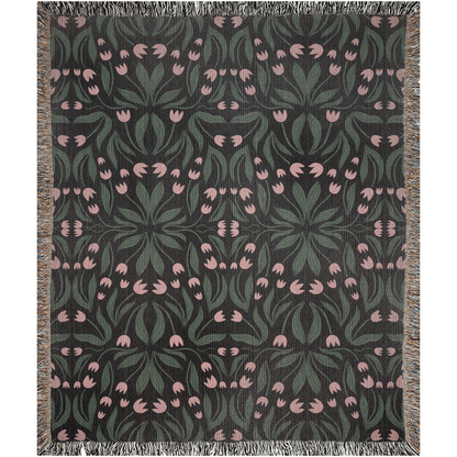 Green Pink and Black Floral Pattern Woven Blanket