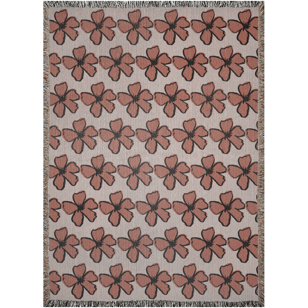 Dusty Rose and Rust Color Handdrawn Floral Woven Cotton Throw Blankets