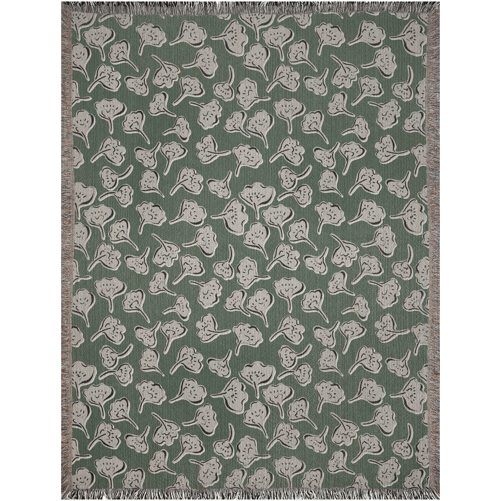 Green and White Modern Boho Flower Woven Cotton Throw Blankets