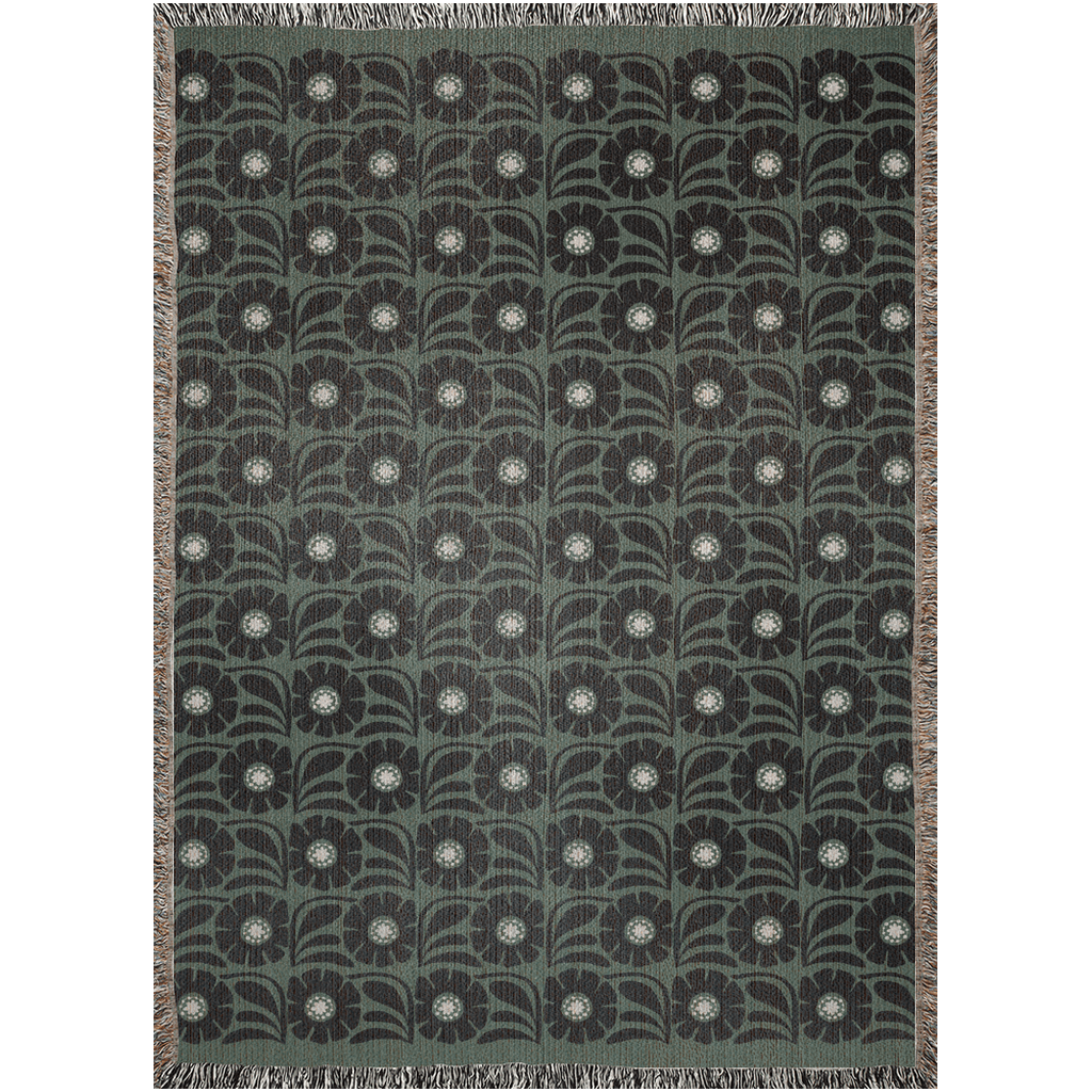 Green And Black Retro Flower Woven Cotton Throw Blankets - Taylor Bassam