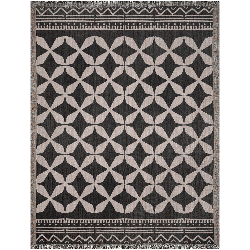 Abstract Star Motif Woven Cotton Blanket in Black and Beige