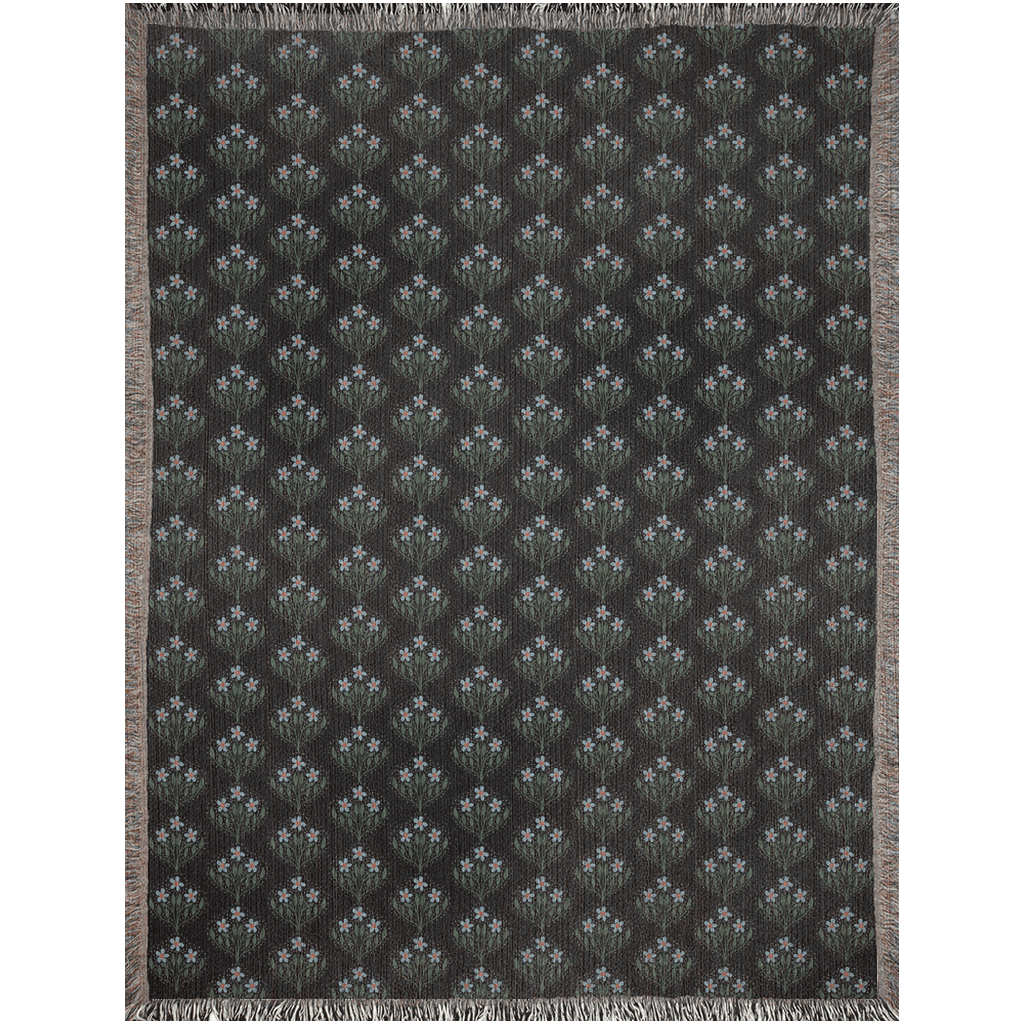 Black Green and Blue Scandi Floral Woven Cotton Throw Blankets - Taylor Bassam