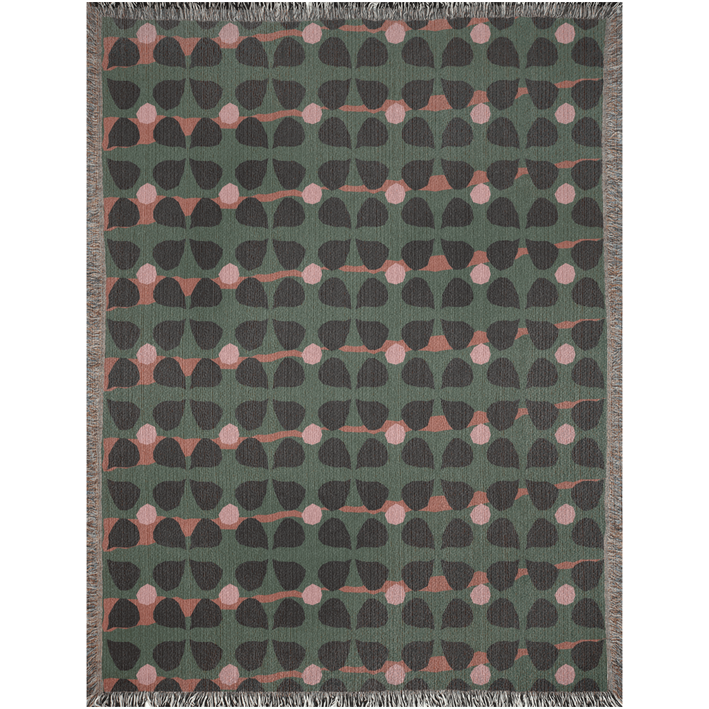 Mid-Century Modern Clover Woven Cotton Blanket in Green, Pink, and Black