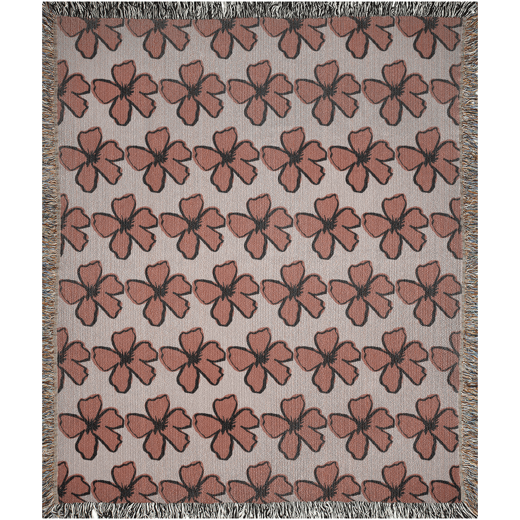 Dusty Rose and Rust Color Handdrawn Floral Woven Cotton Throw Blankets