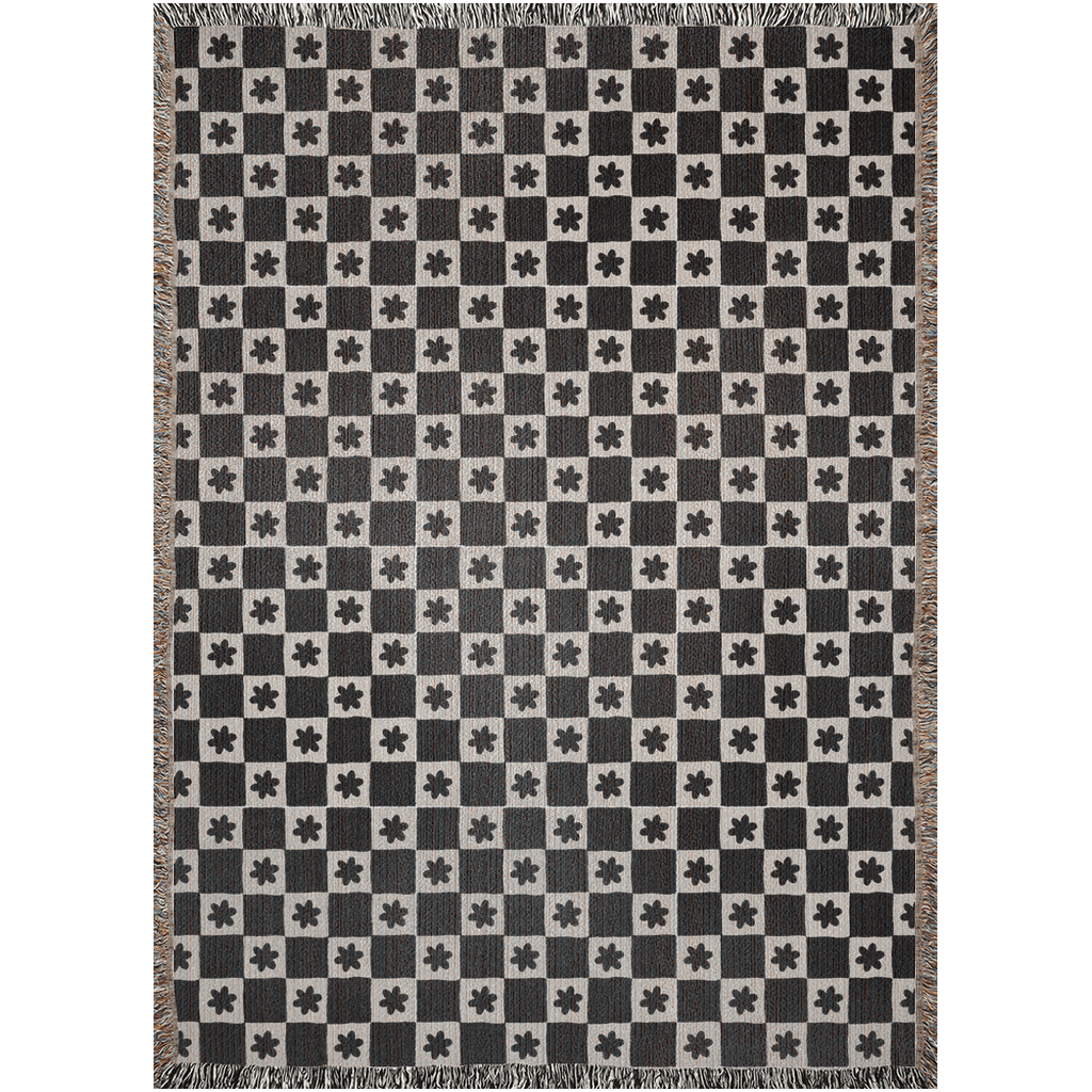 Retro Black and White Floral Check Cotton Throw Blanket from the 1960s