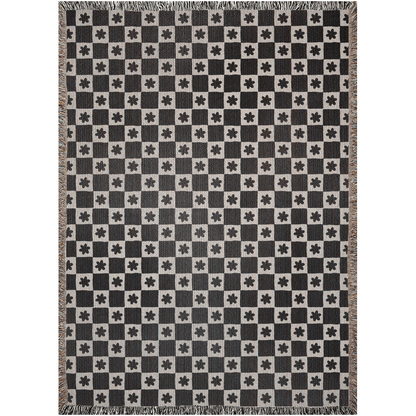 Retro Black and White Floral Check Cotton Throw Blanket from the 1960s