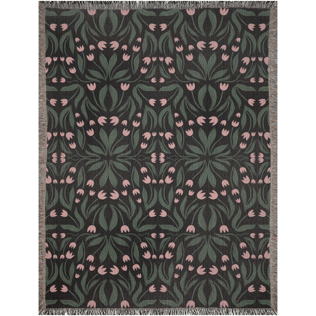 Green Pink and Black Floral Pattern Woven Blanket