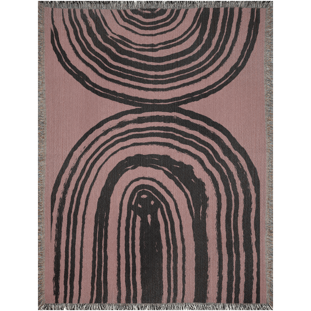 Organic Ring Pattern Woven Cotton Blanket in Dusty Rose and Black