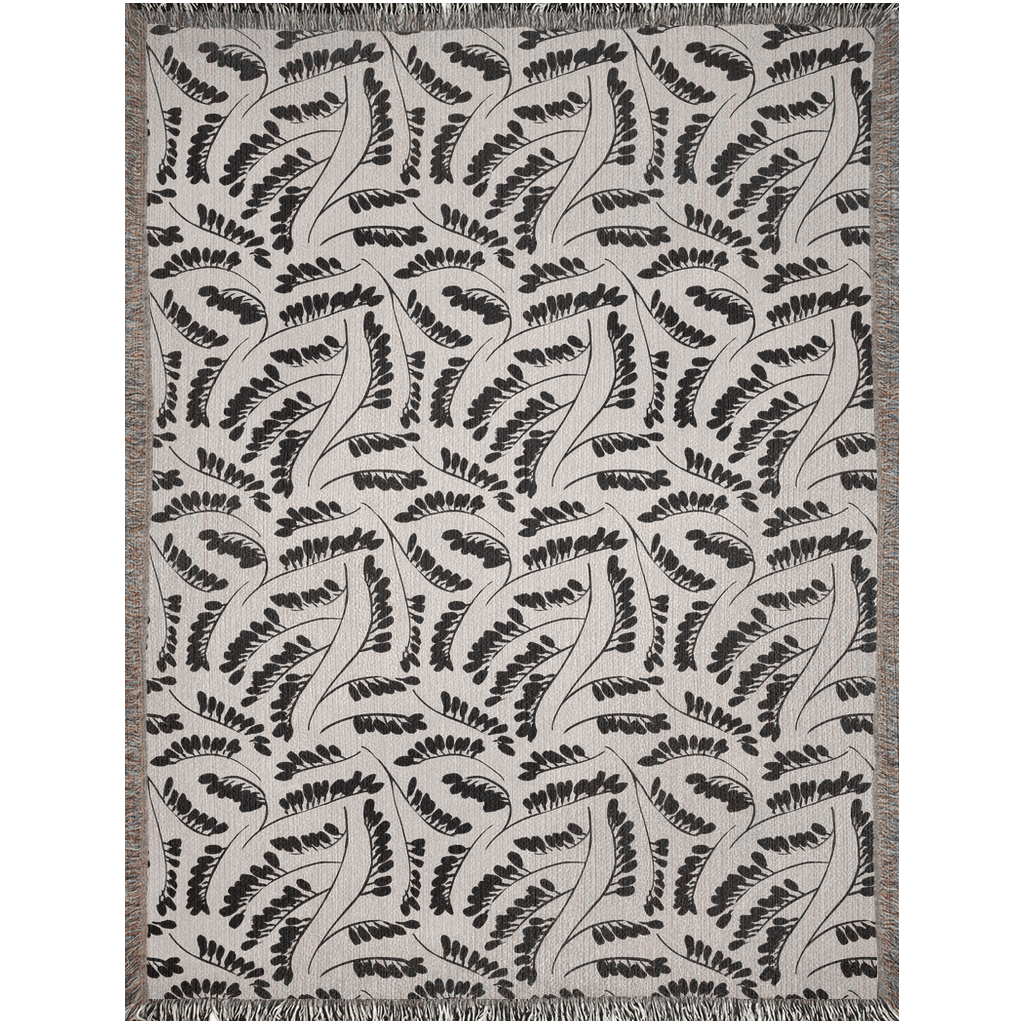 Black and Beige Botanical Leaf Pattern Woven Cotton Blanket