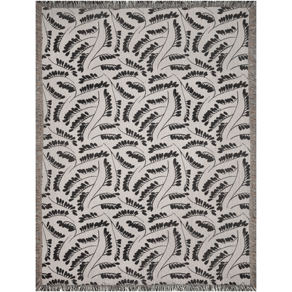 Black and Beige Botanical Leaf Pattern Woven Cotton Blanket