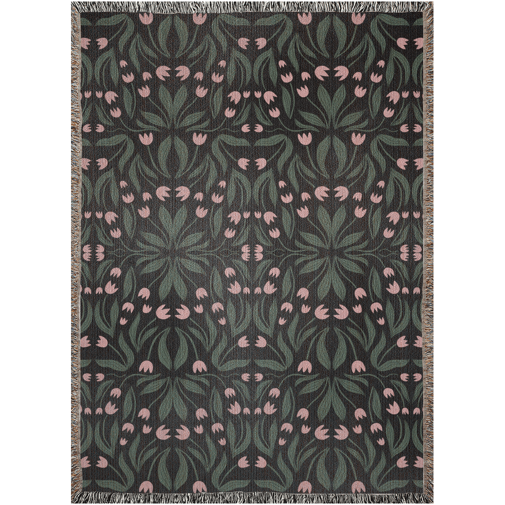 Green Pink and Black Floral Pattern Woven Blanket