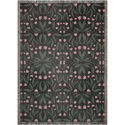 Green Pink and Black Floral Pattern Woven Blanket