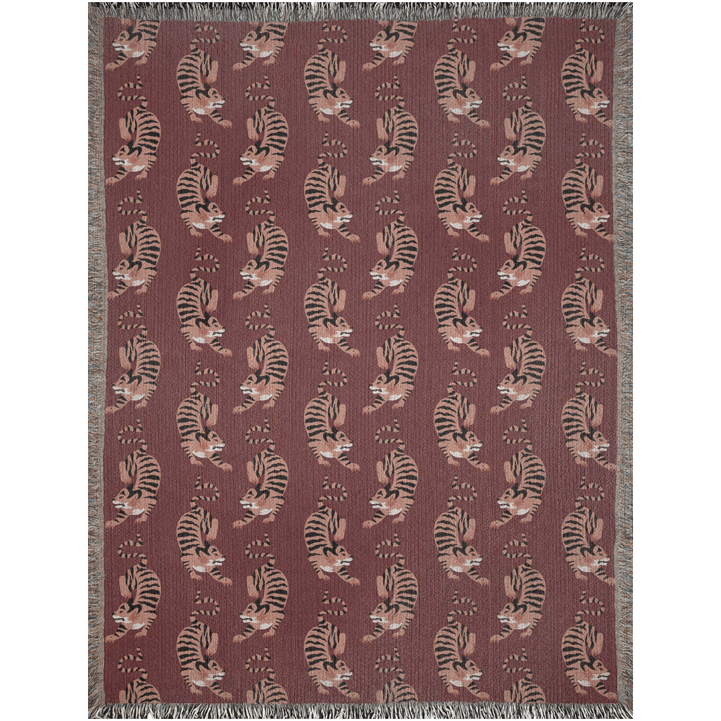 Maroon Vintage Tiger Woven Cotton Blanket