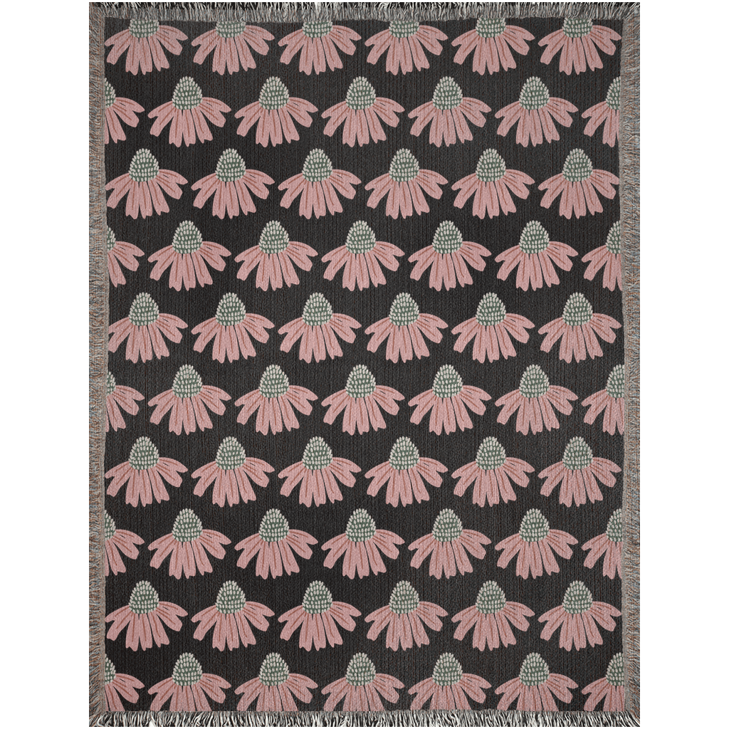 Vibrant Black and Pink Floral Woven Cotton Throw Blanket