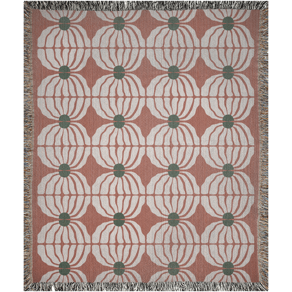 Retro Bloom Woven Cotton Blanket in Terracotta, Green, and White
