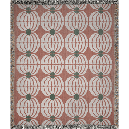 Retro Bloom Woven Cotton Blanket in Terracotta, Green, and White