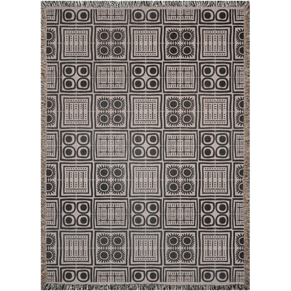 Geometric Patchwork Woven Cotton Blanket in Beige and Black