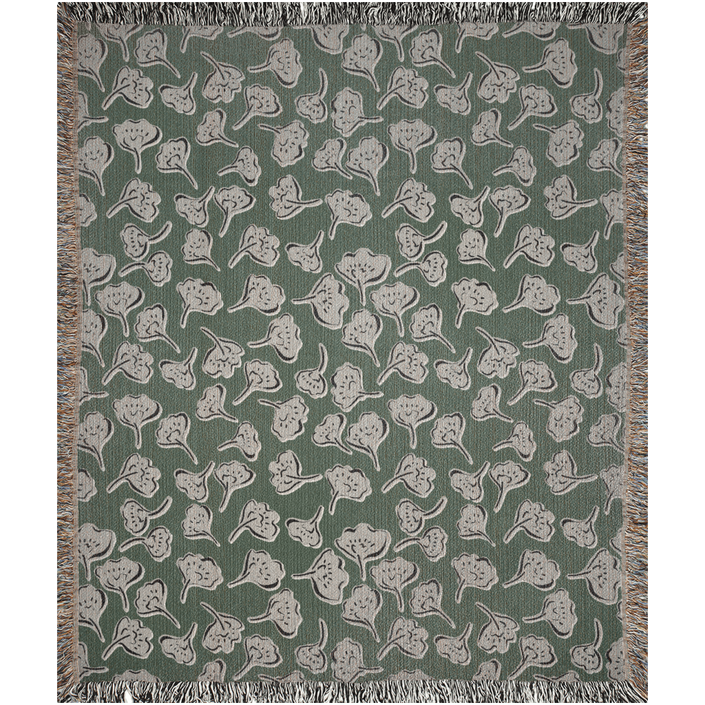 Green and White Modern Boho Flower Woven Cotton Throw Blankets