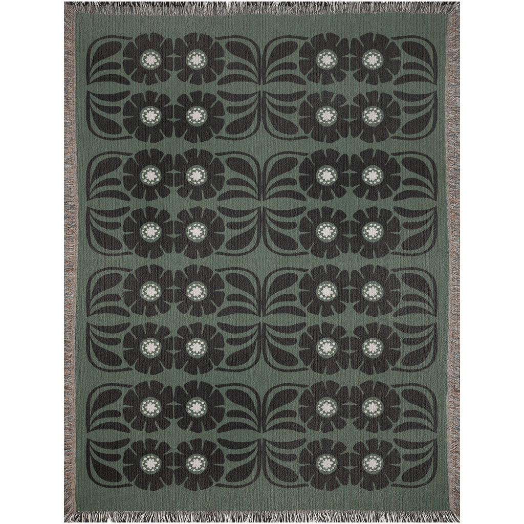 Olive Green and Black Boho Floral Woven Cotton Blanket