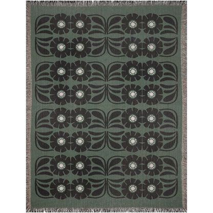 Olive Green and Black Boho Floral Woven Cotton Blanket